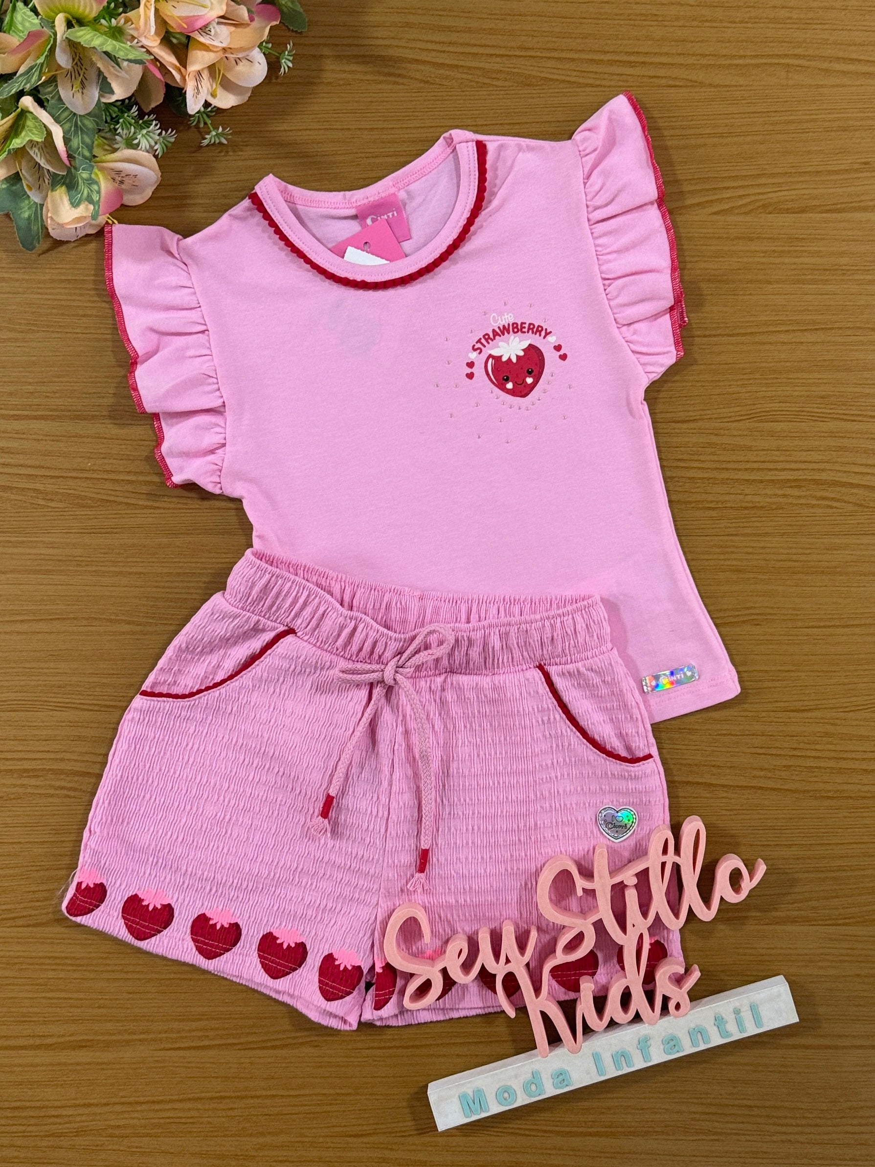 Conjunto Infantil Cinti Verão Shorts e Blusa Rosa Moranguinho