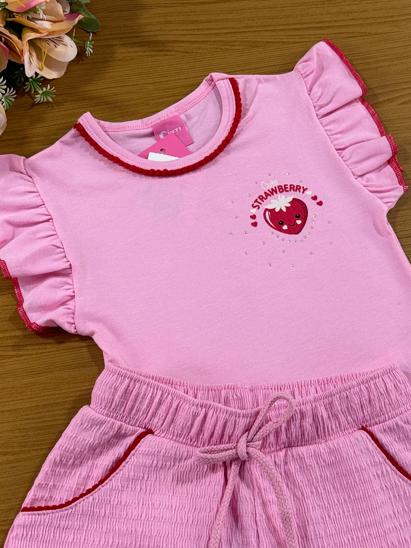 Conjunto Infantil Cinti Verão Shorts e Blusa Rosa Moranguinho