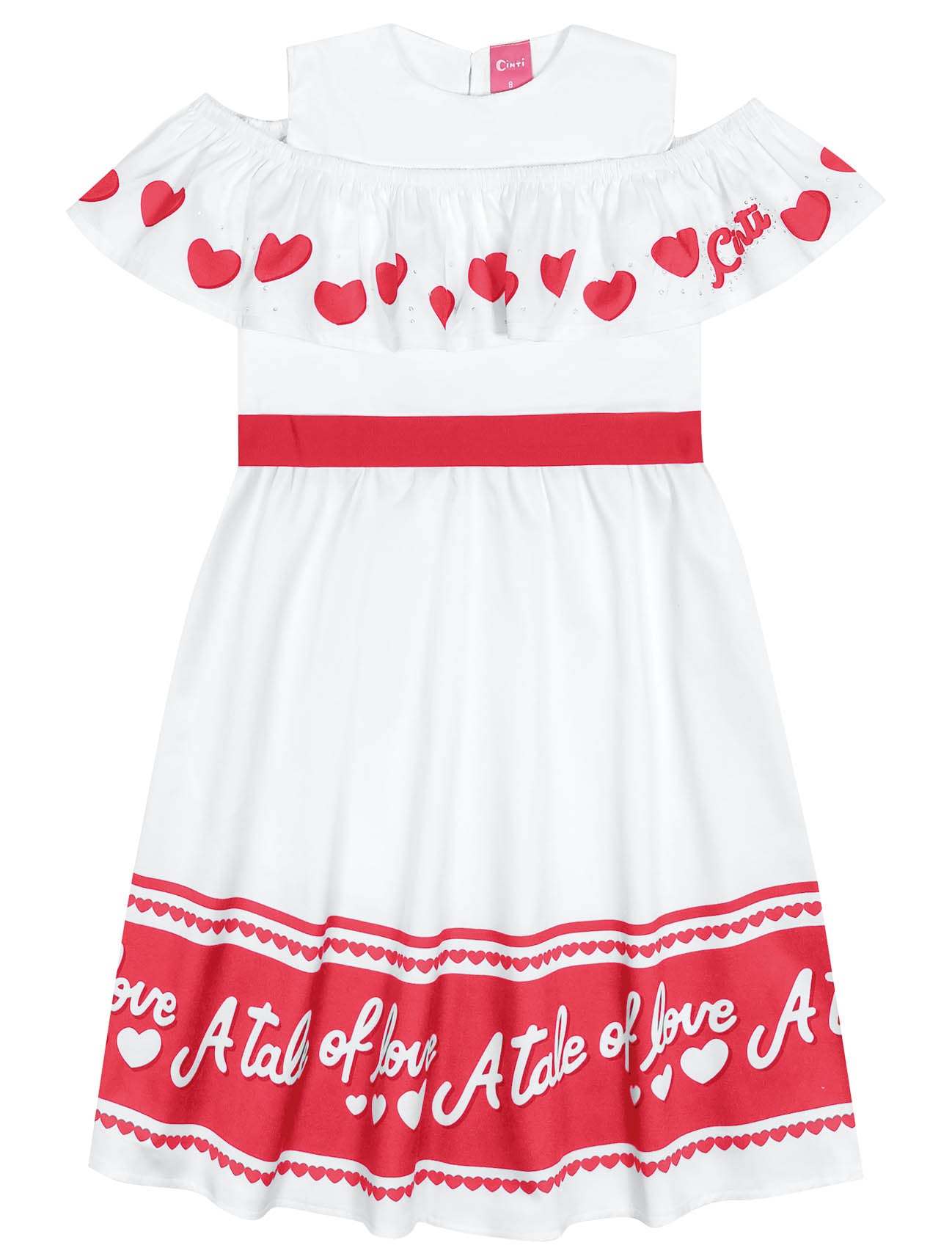 Vestido Infantil Cinti Verão Branco e Vermelho Coração Love