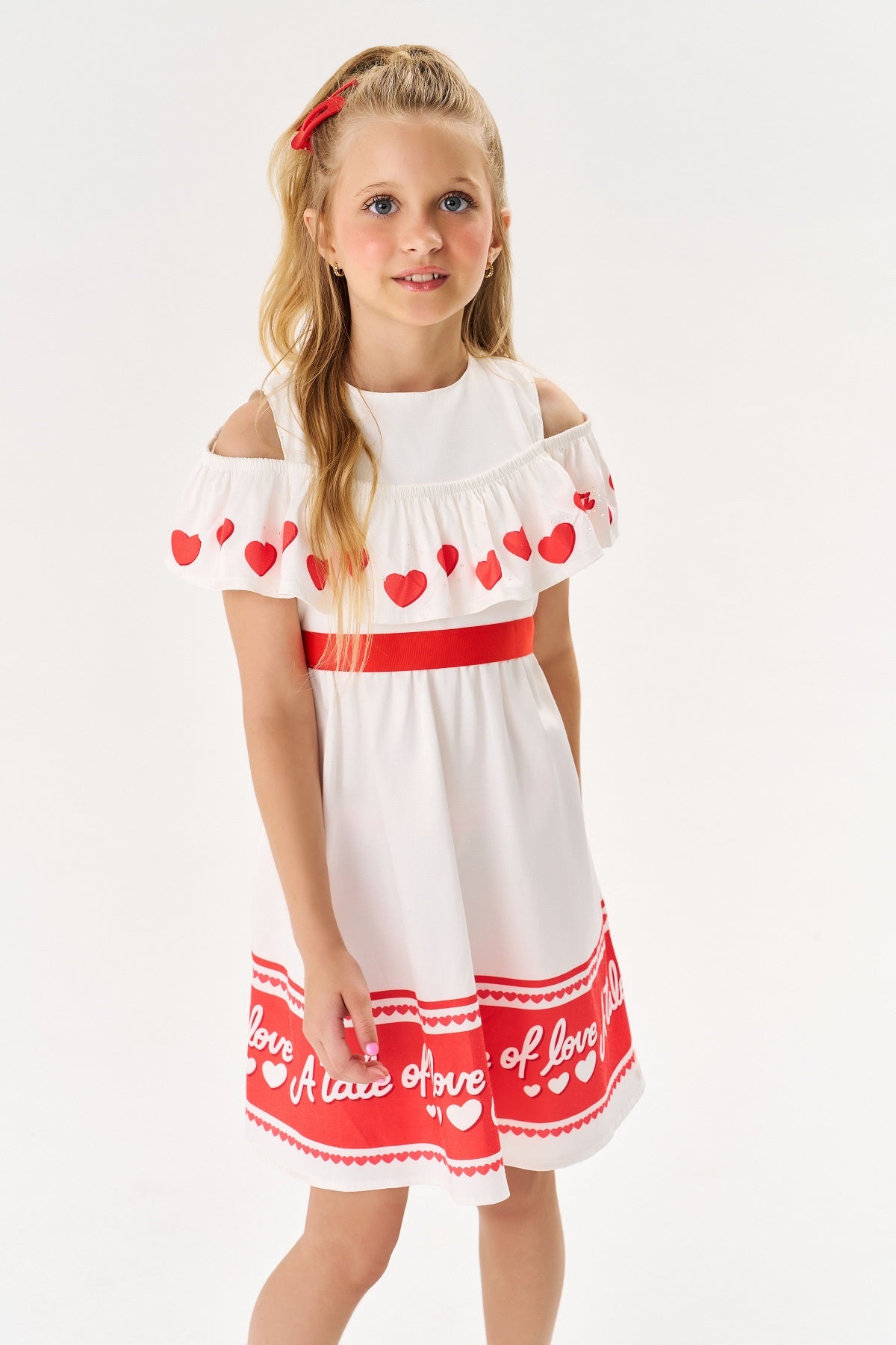 Vestido Infantil Cinti Verão Branco e Vermelho Coração Love