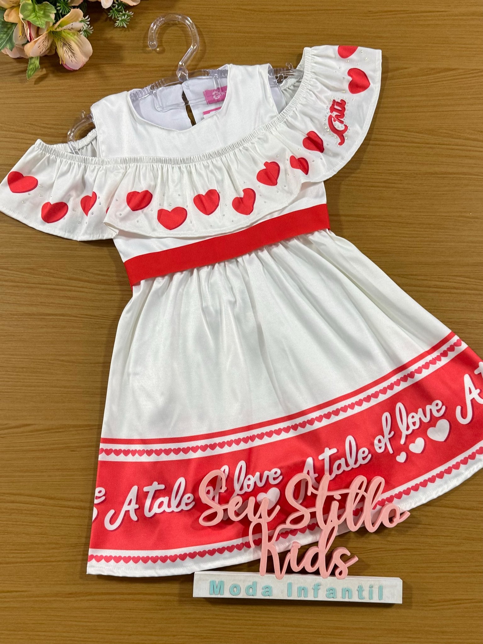 Vestido Infantil Cinti Verão Branco e Vermelho Coração Love