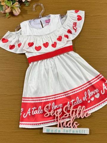 Vestido Infantil Cinti Verão Branco e Vermelho Coração Love