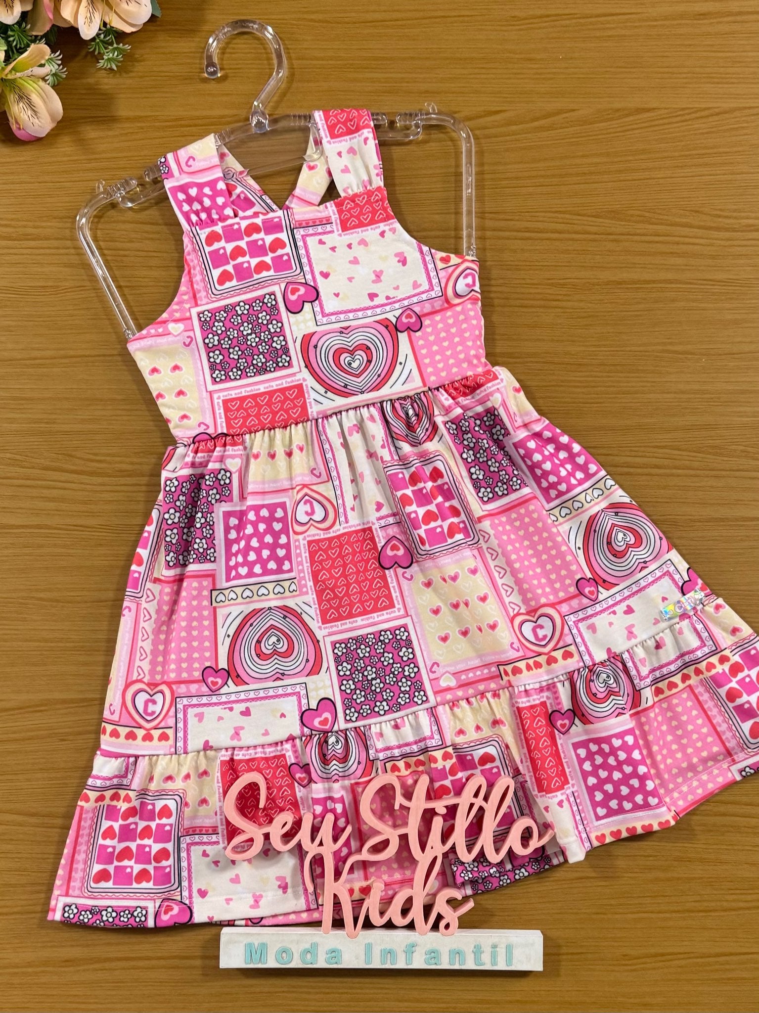Vestido Infantil Cinti Verão Rosa e Vermelho Coração