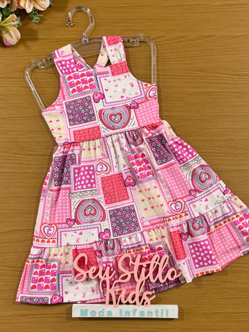 Vestido Infantil Cinti Verão Rosa e Vermelho Coração