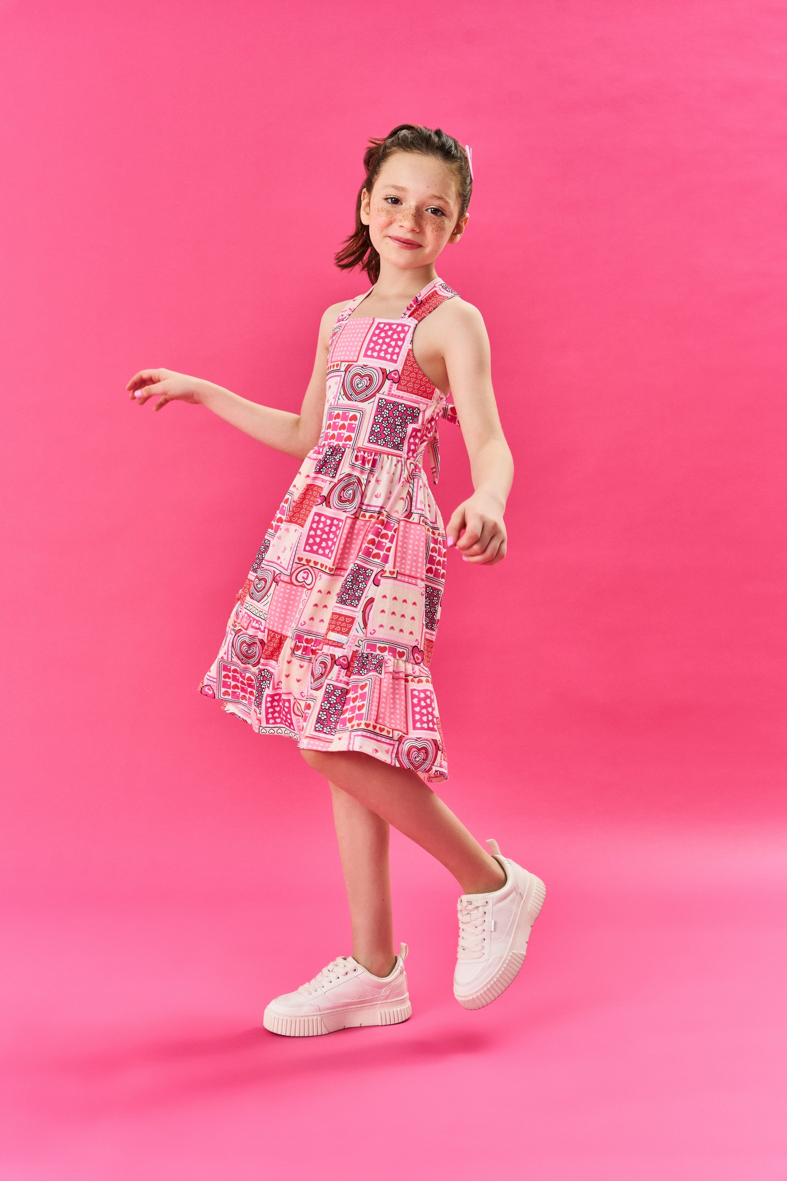 Vestido Infantil Cinti Verão Rosa e Vermelho Coração