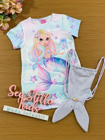 Vestido Infantil Cinti Verão Azul Sereia com Bolsinha