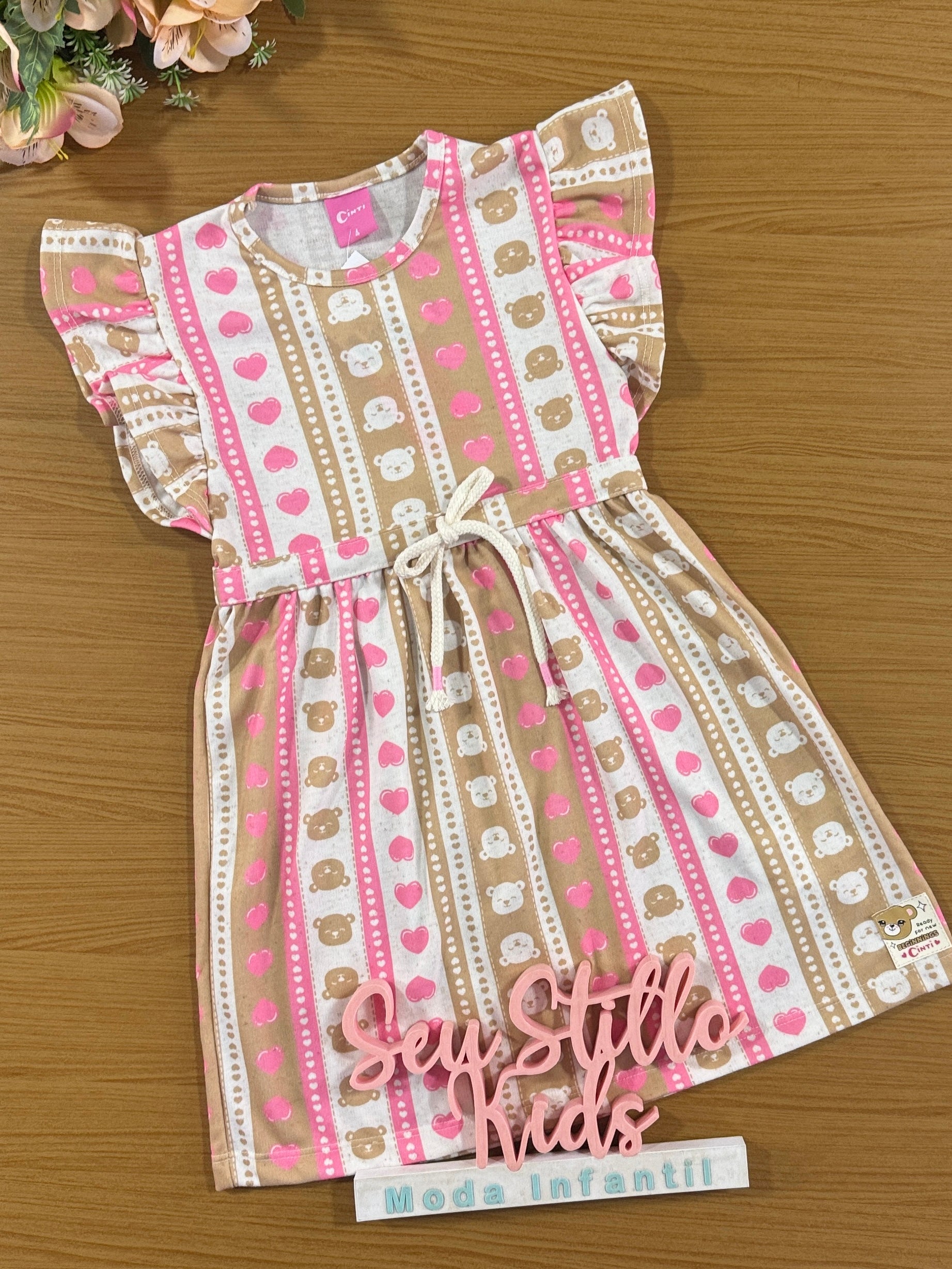 Vestido Infantil Cinti Verão Coração e Ursinho