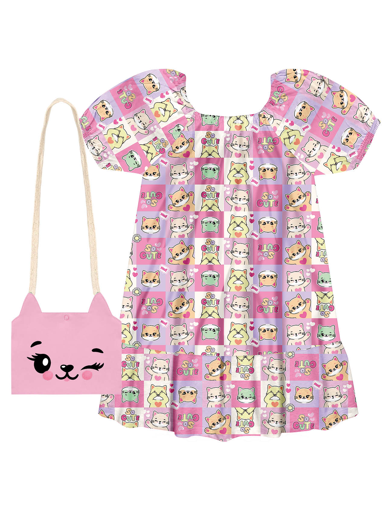 Vestido Infantil Cinti Verão Gatinha com Bolsinha