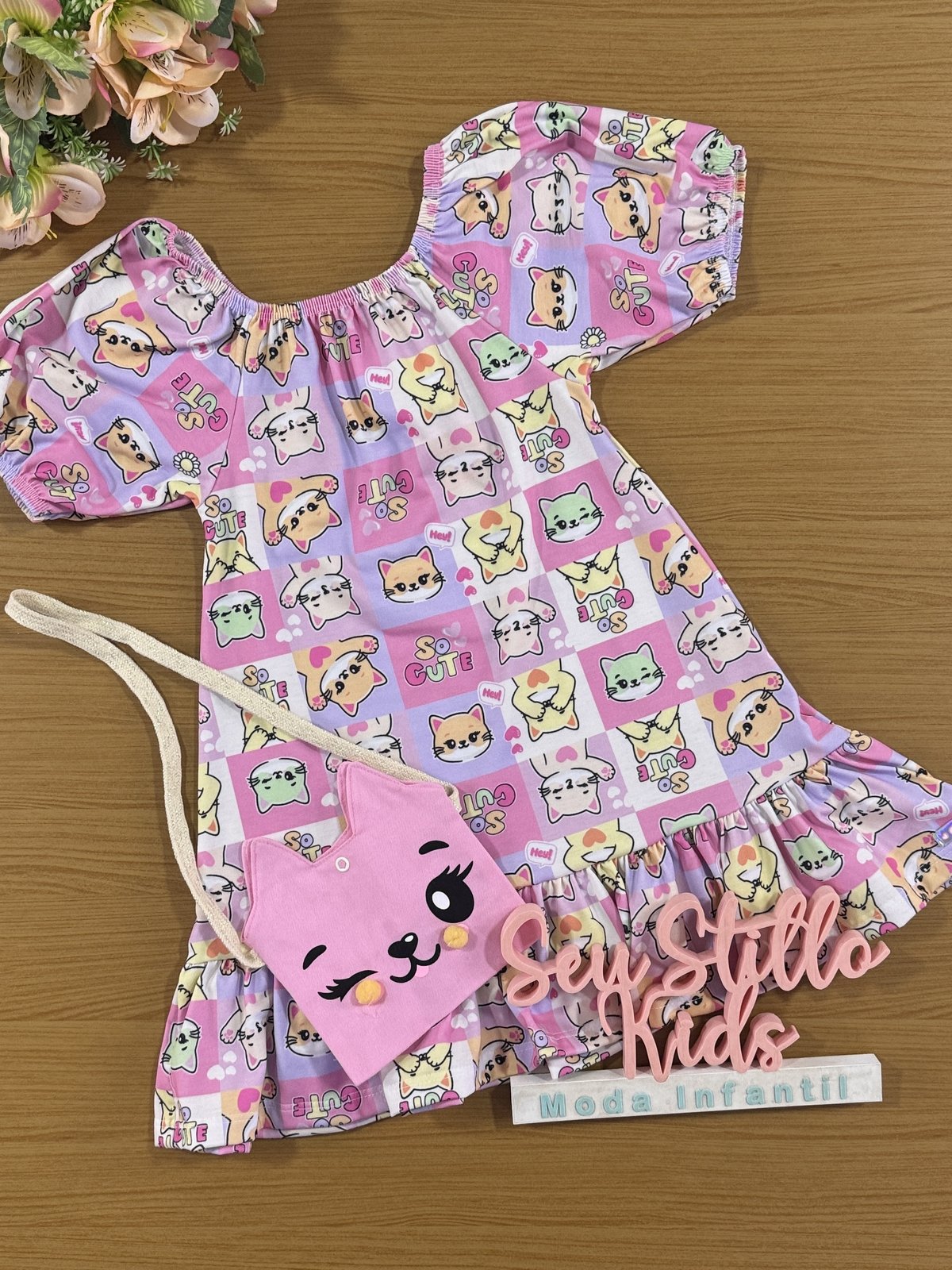 Vestido Infantil Cinti Verão Gatinha com Bolsinha