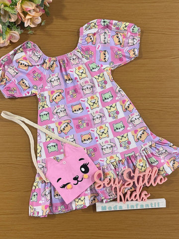 Vestido Infantil Cinti Verão Gatinha com Bolsinha