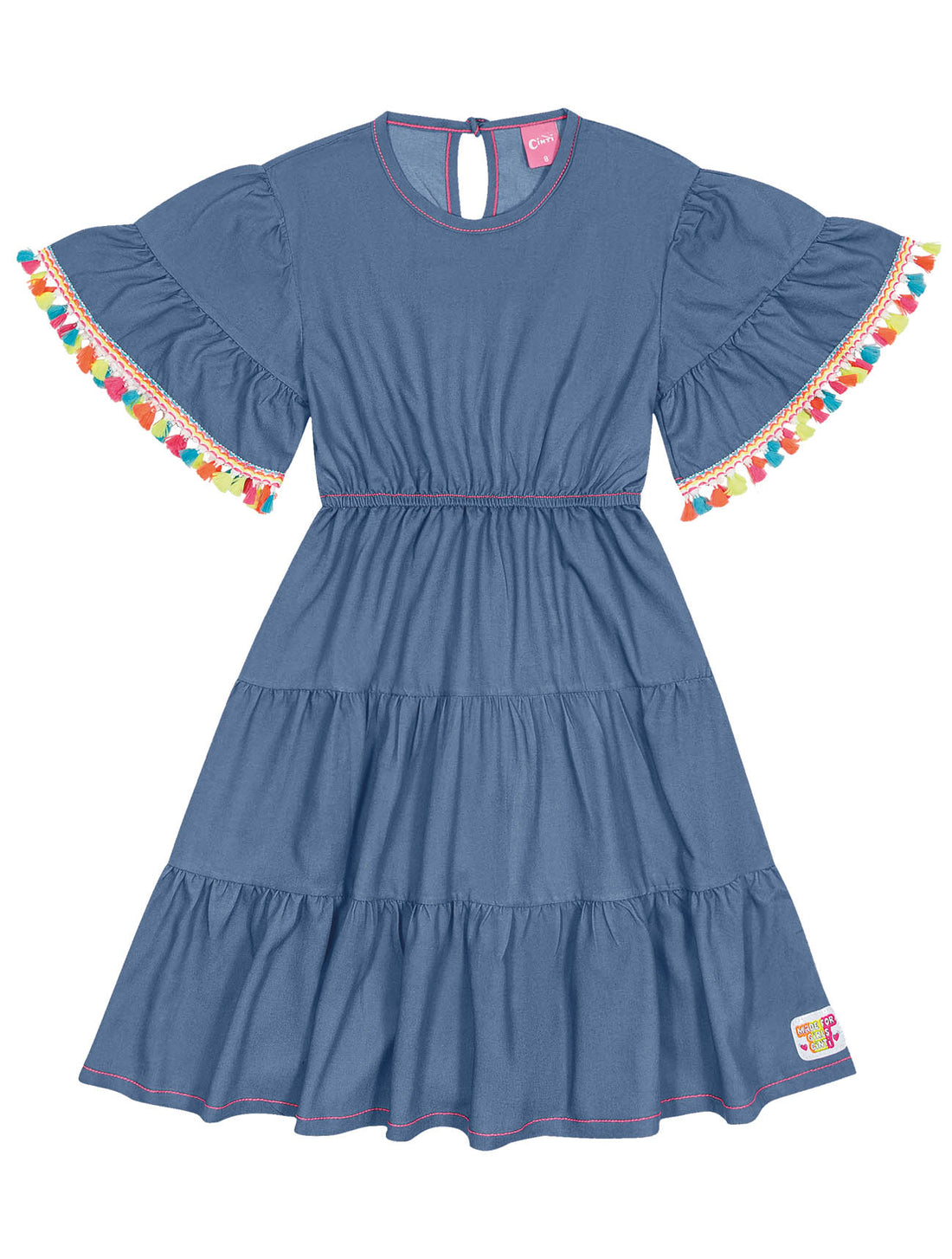 Vestido Infantil Cinti Verão Azul Jeans Tassel Neon
