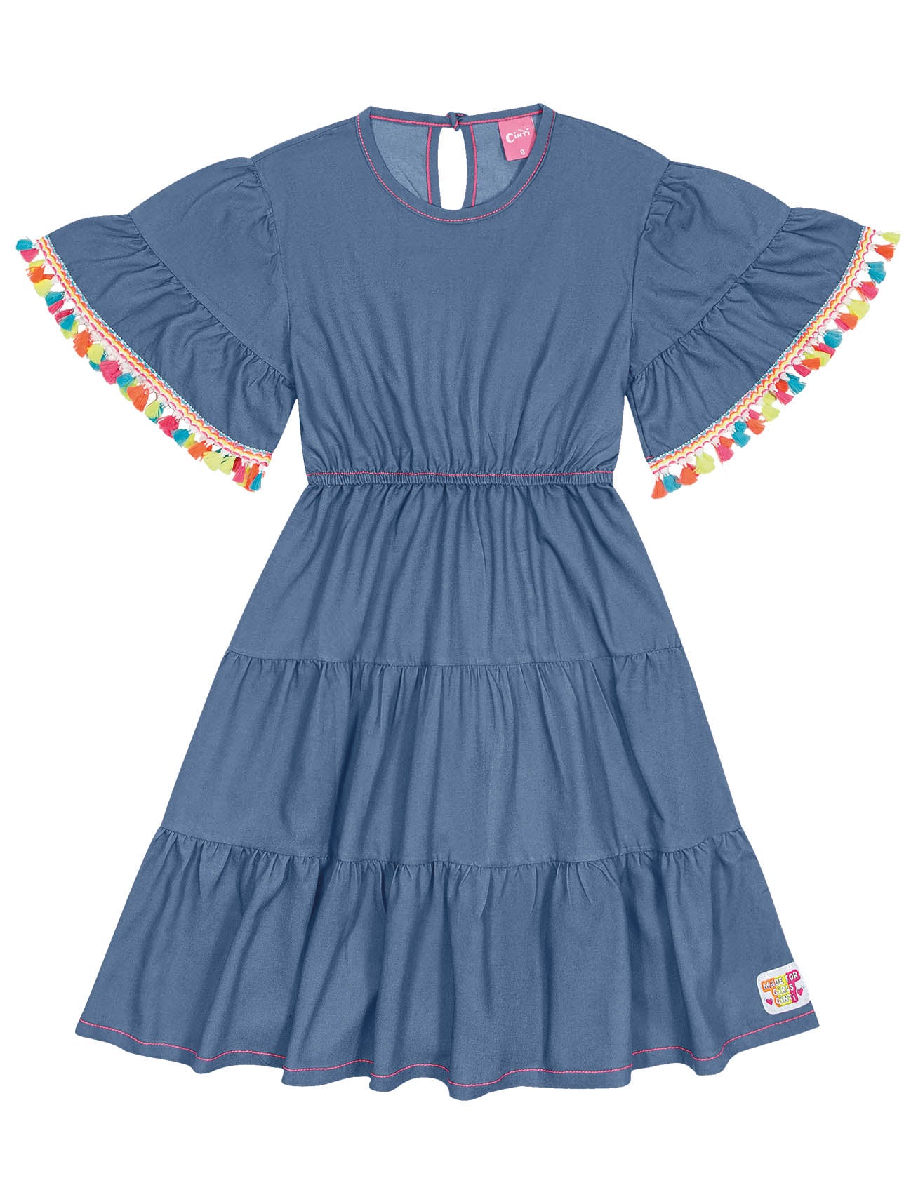 Vestido Infantil Cinti Verão Azul Jeans Tassel Neon