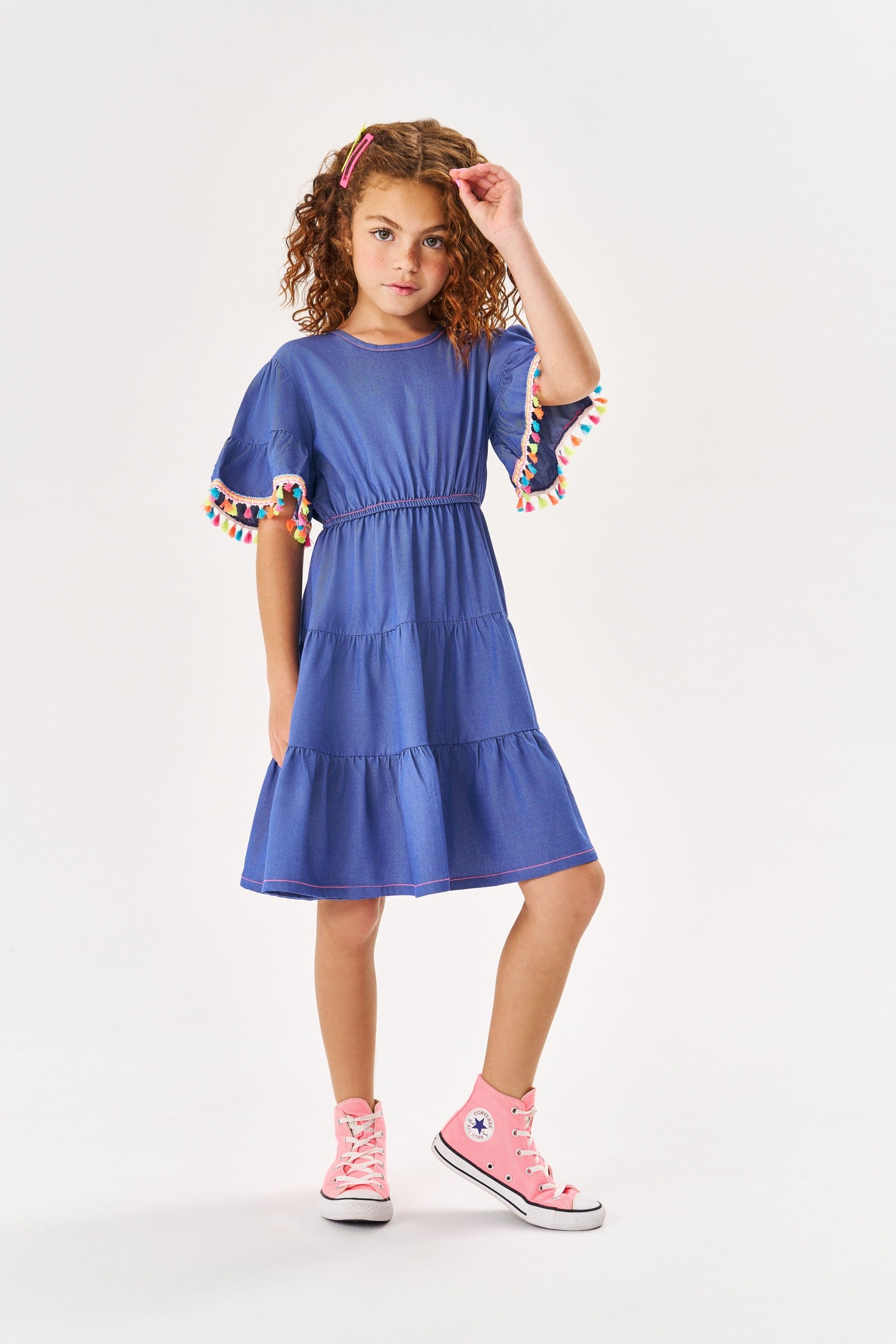 Vestido Infantil Cinti Verão Azul Jeans Tassel Neon
