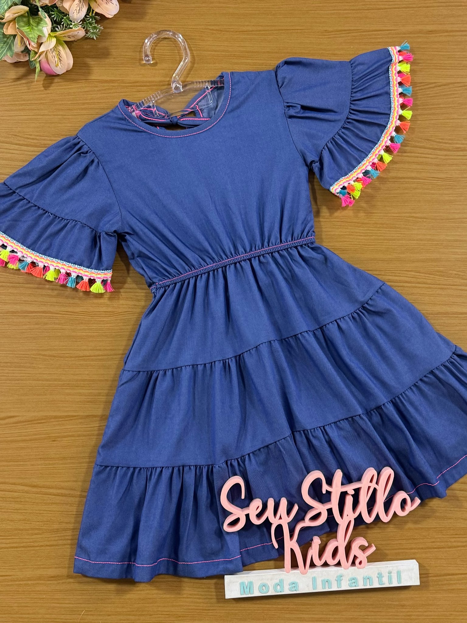 Vestido Infantil Cinti Verão Azul Jeans Tassel Neon