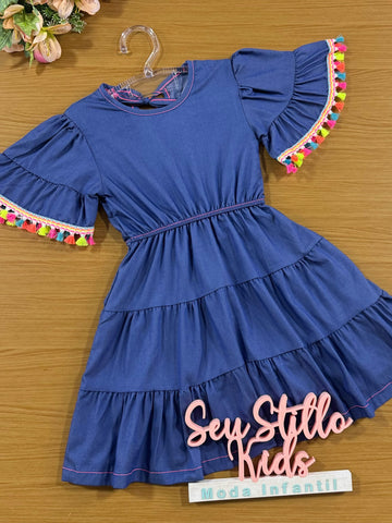 Vestido Infantil Cinti Verão Azul Jeans Tassel Neon
