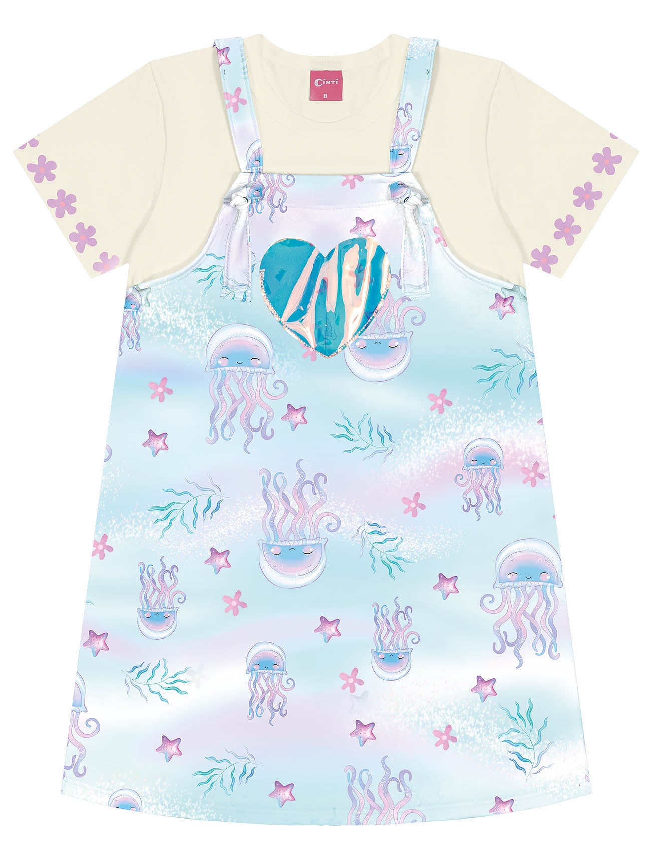 Salopete Infantil Cinti Verão Azul Fundo do Mar com Blusa