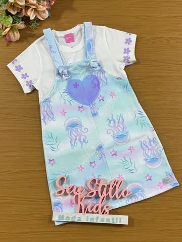 Salopete Infantil Cinti Verão Azul Fundo do Mar com Blusa