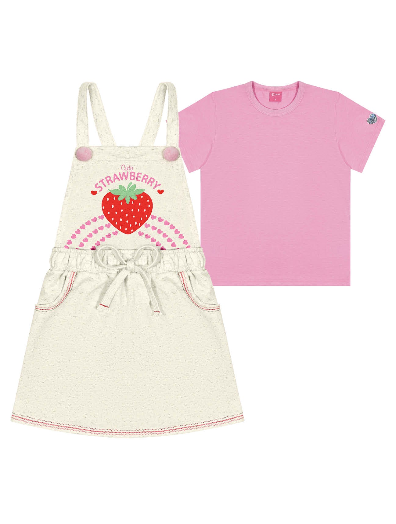 Salopete Infantil Cinti Verão Moranguinho com Blusa Rosa
