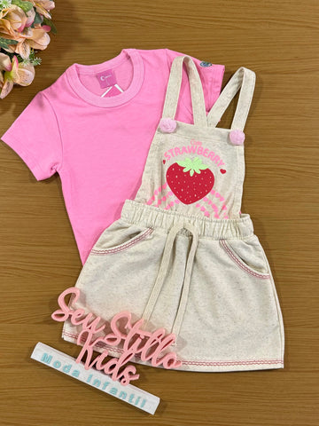 Salopete Infantil Cinti Verão Moranguinho com Blusa Rosa