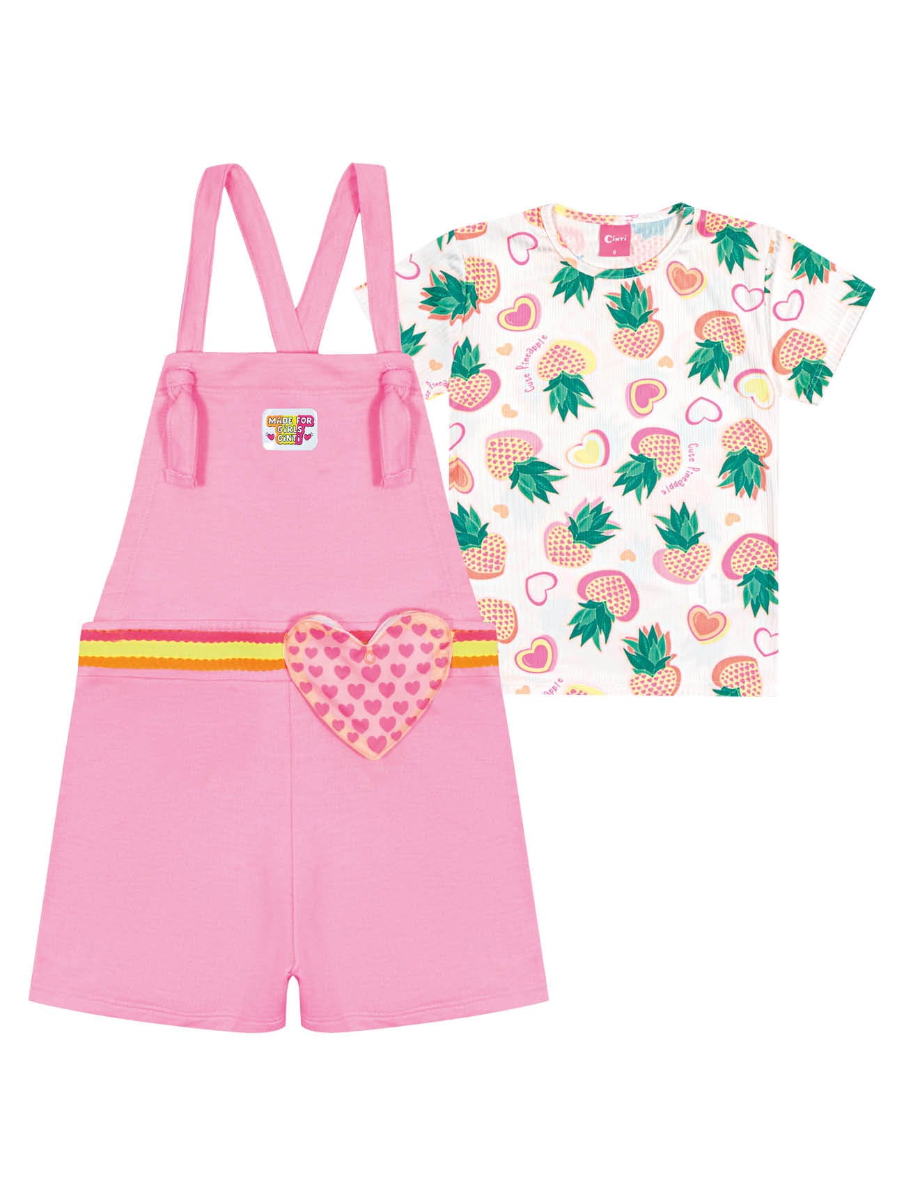 Jardineira Infantil Cinti Verão Rosa com Blusa Abacaxi
