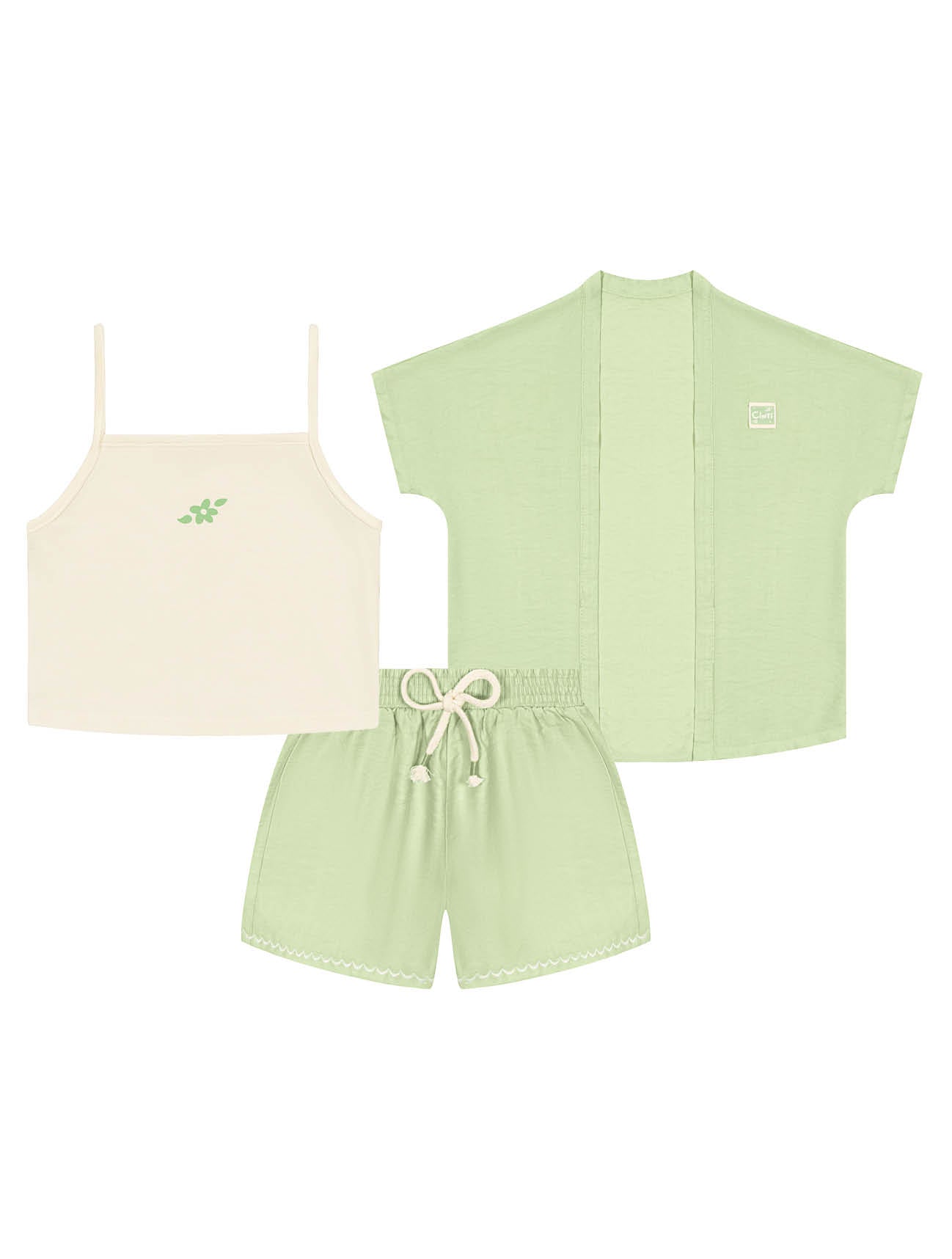 Conjunto Infantil Cinti Verão Kimono Verde, Shorts e Cropped