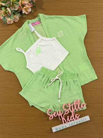 Conjunto Infantil Cinti Verão Kimono Verde, Shorts e Cropped
