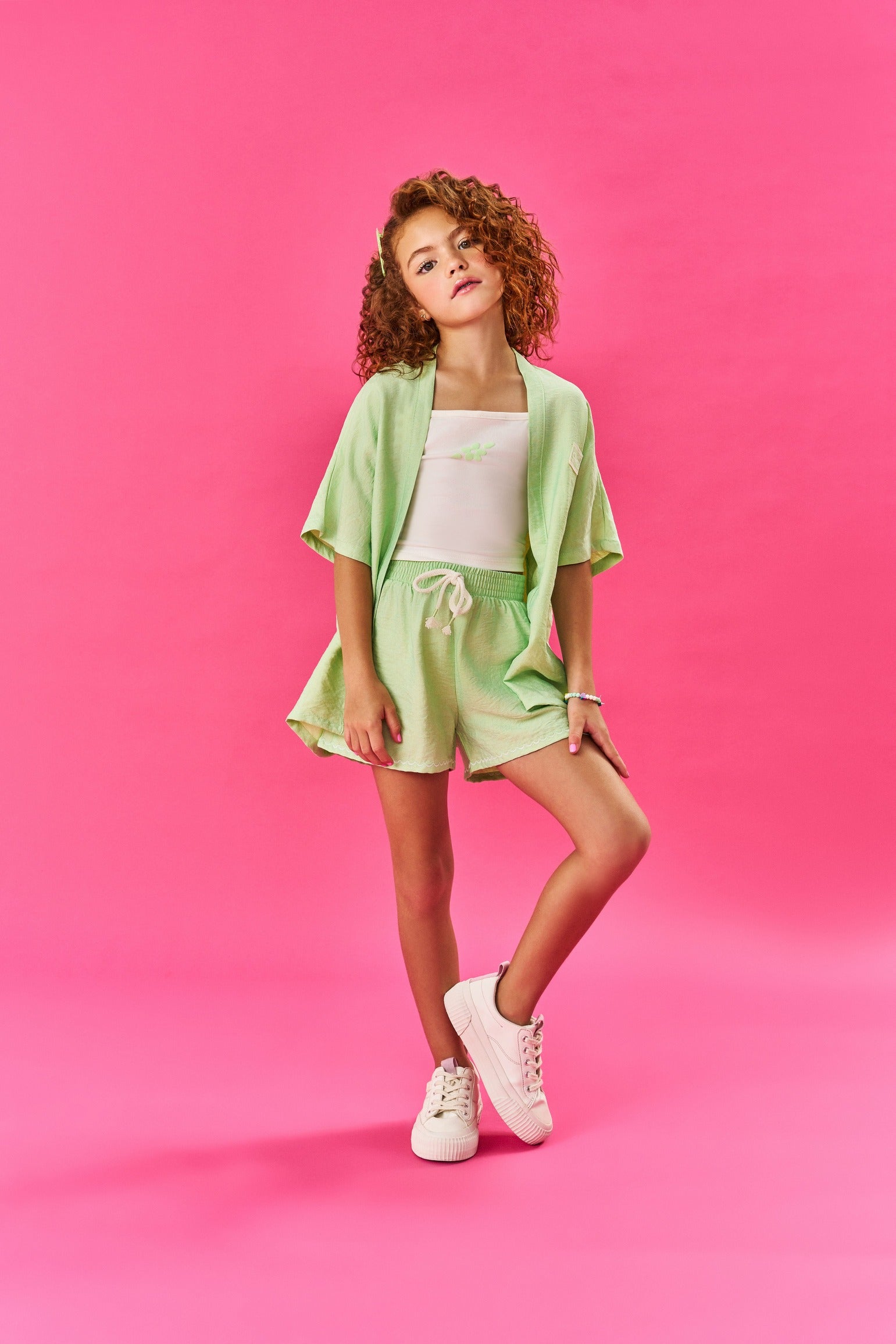 Conjunto Infantil Cinti Verão Kimono Verde, Shorts e Cropped