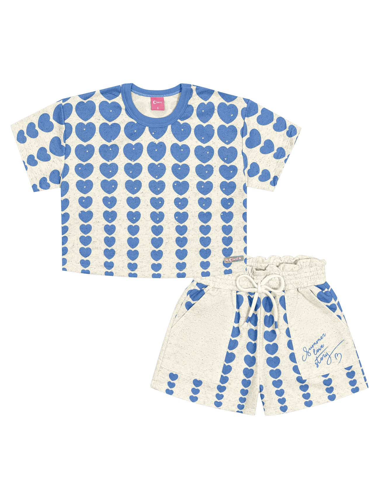 Conjunto Infantil Cinti Verão Shorts e Blusa Boxy Azul Coração
