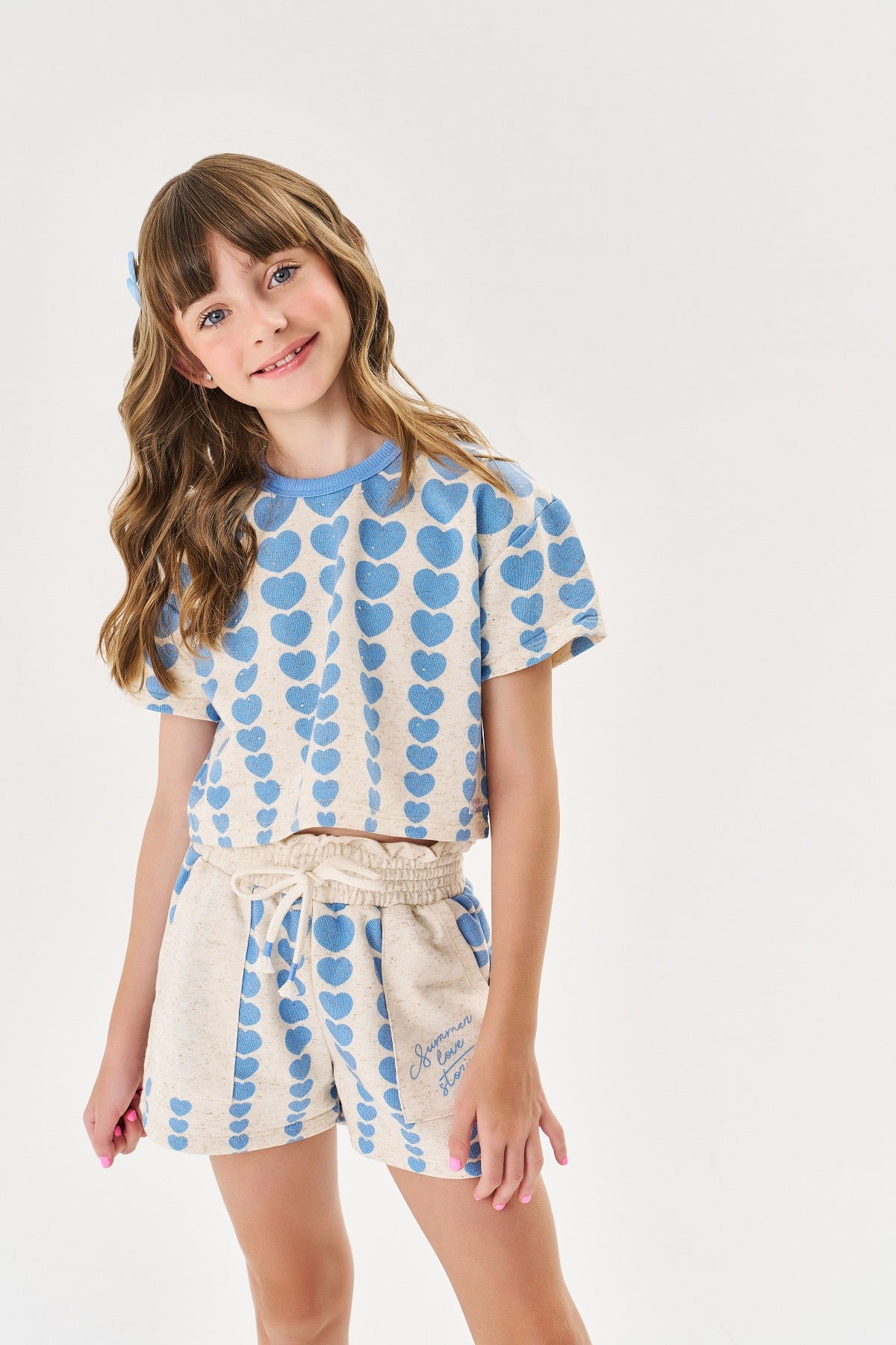 Conjunto Infantil Cinti Verão Shorts e Blusa Boxy Azul Coração