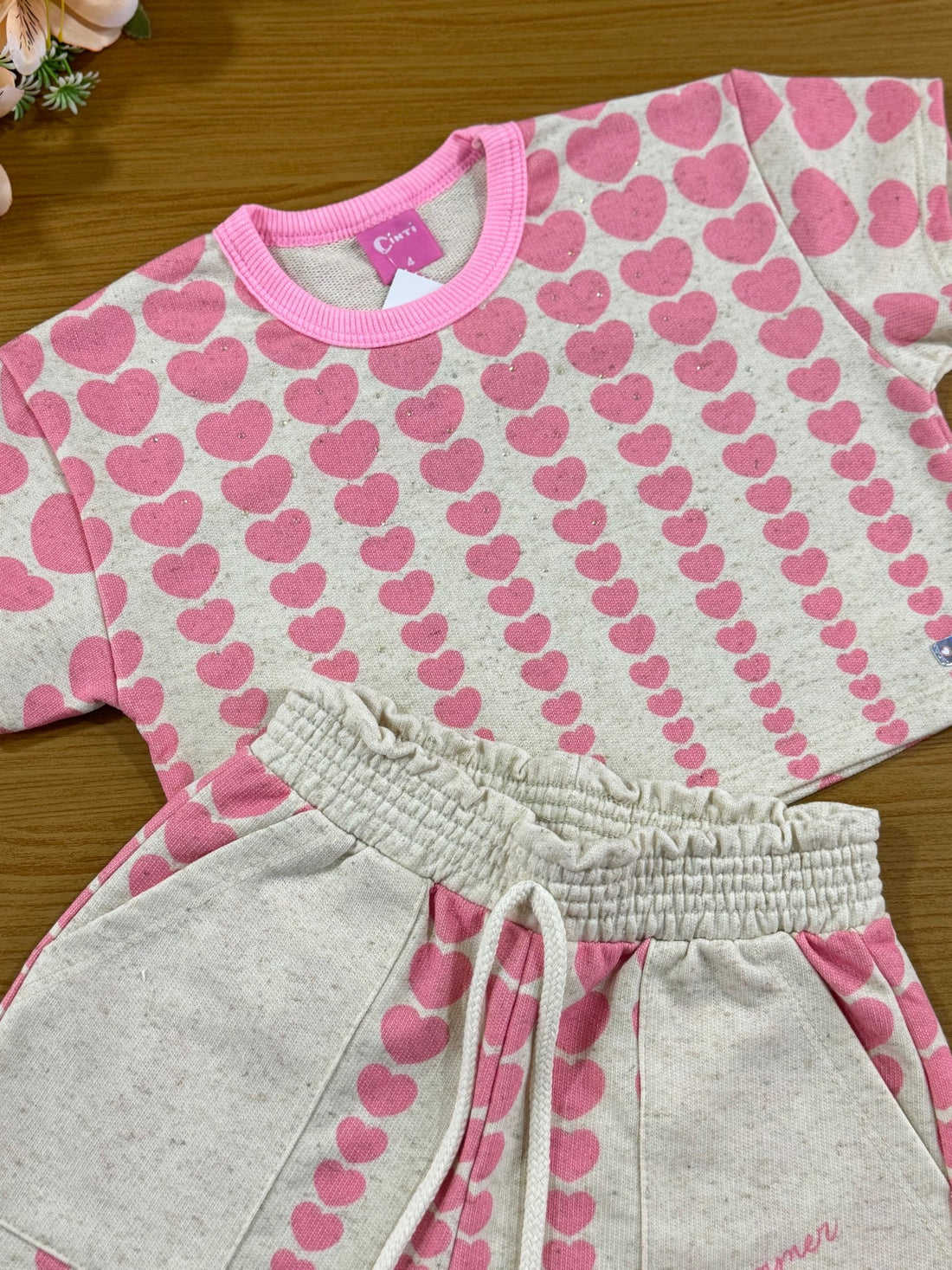 Conjunto Infantil Cinti Verão Shorts e Blusa Boxy Rosa Coração
