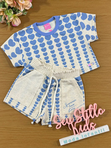 Conjunto Infantil Cinti Verão Shorts e Blusa Boxy Azul Coração