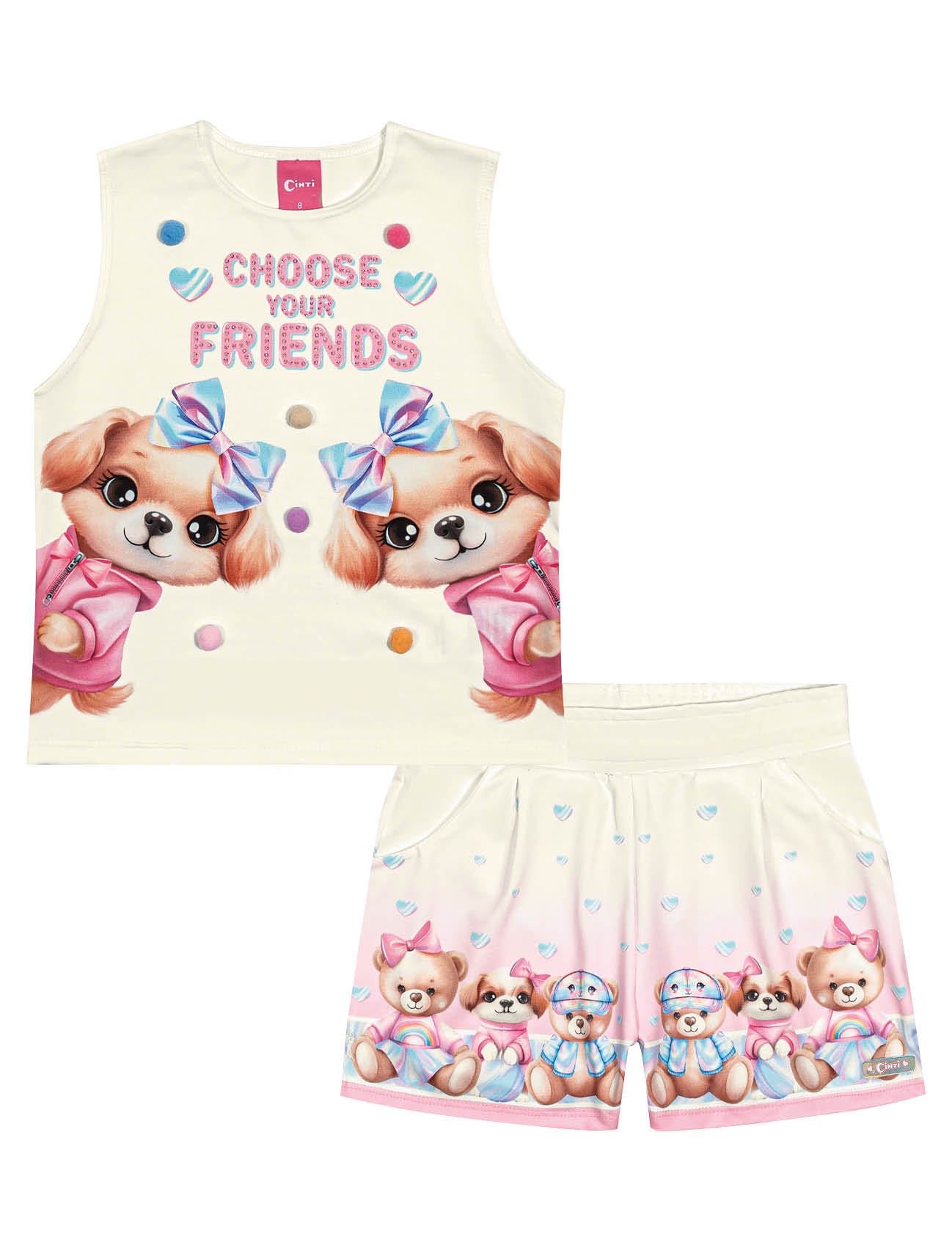 Conjunto Infantil Cinti Verão Shorts e Blusa Cachorrinhas