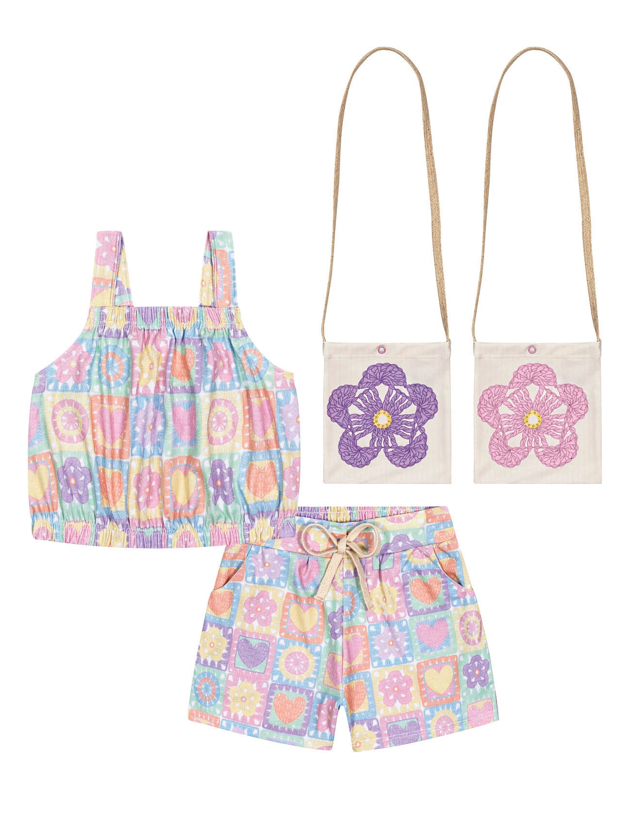 Conjunto Infantil Cinti Verão Shorts e Cropped Crochê 3D com Bolsinha