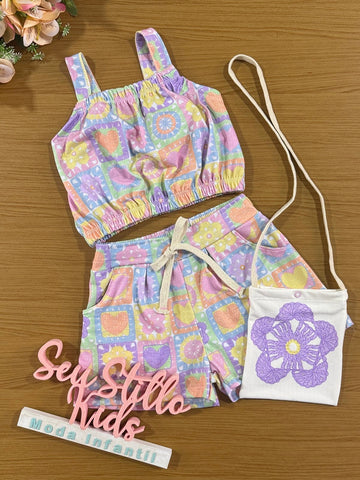 Conjunto Infantil Cinti Verão Shorts e Cropped Crochê 3D com Bolsinha