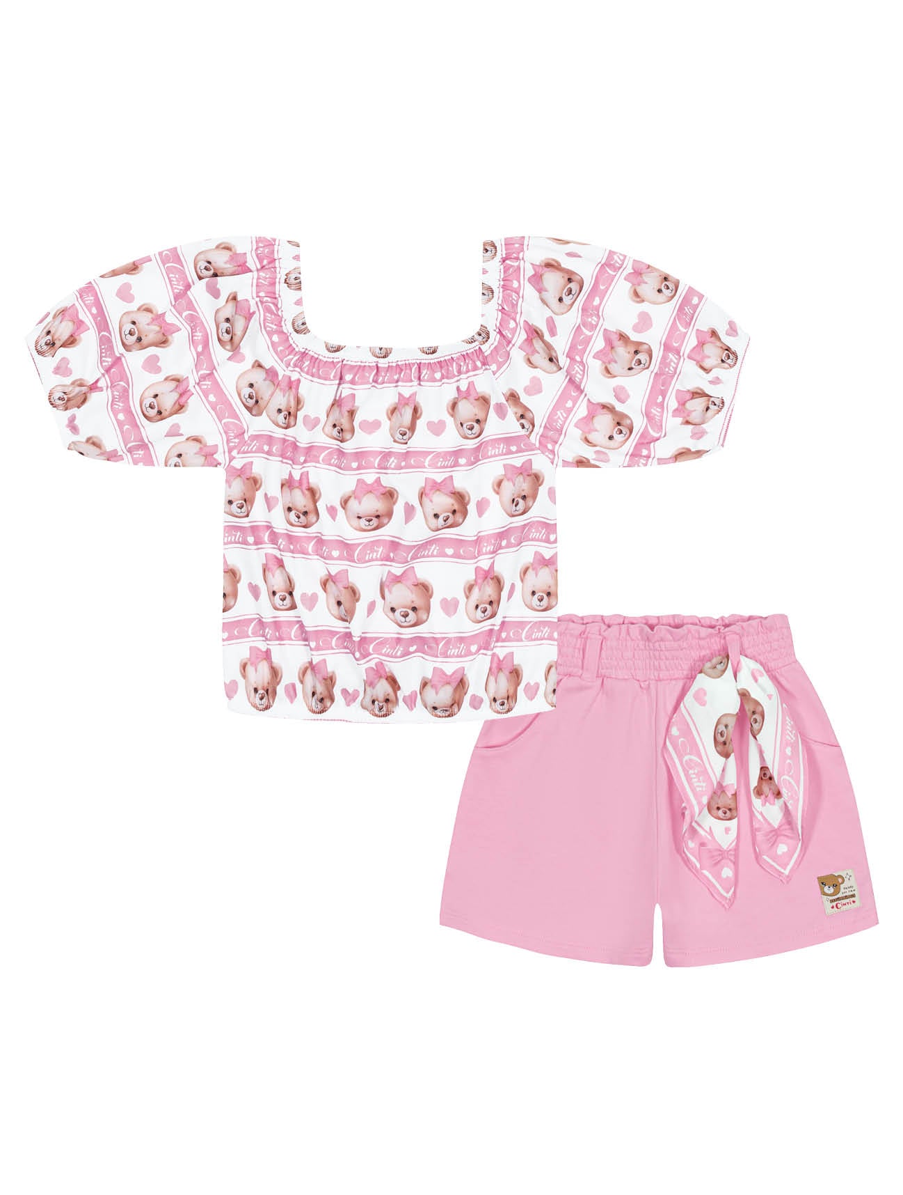 Conjunto Infantil Cinti Verão Shorts Rosa e Blusa Ursinha