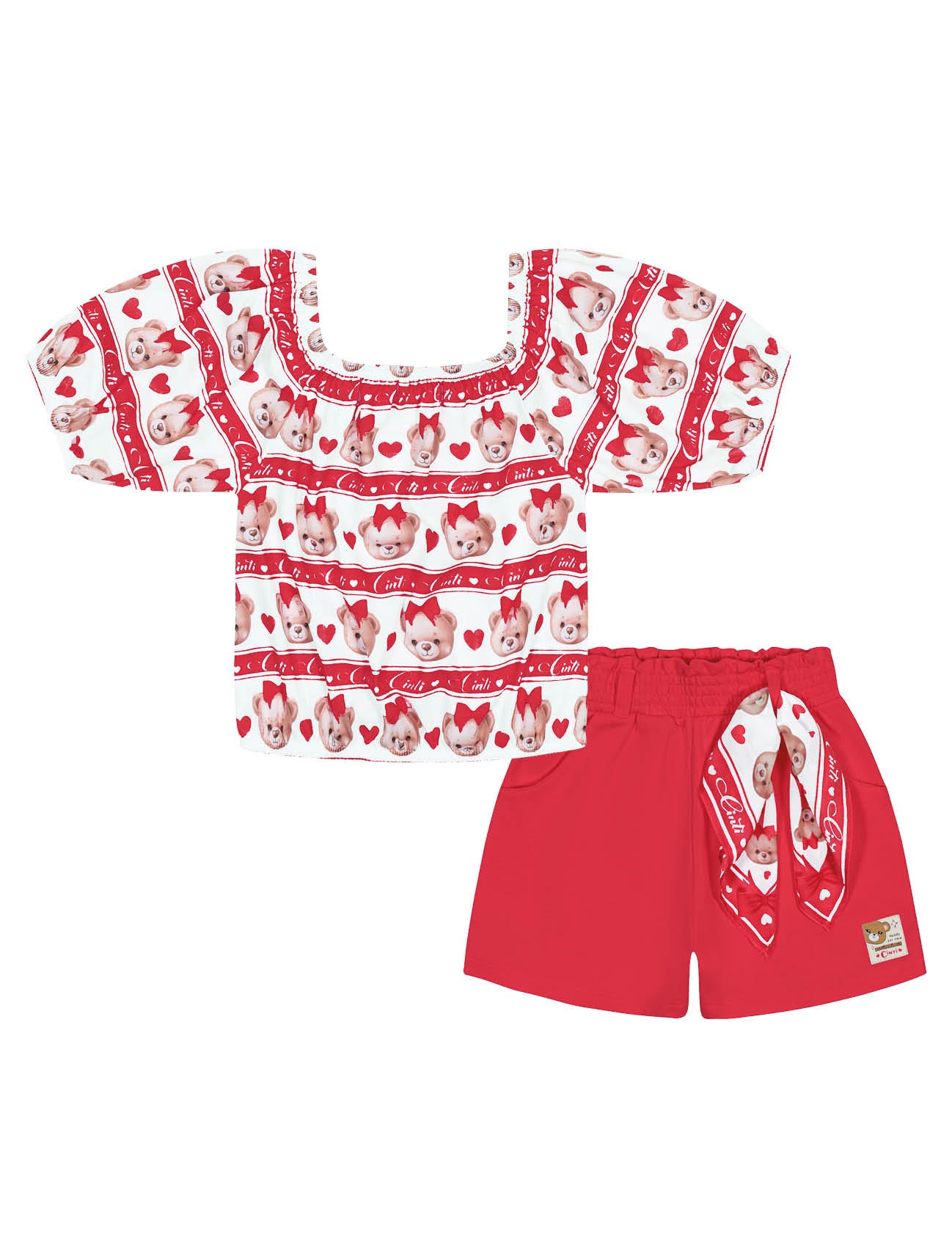 Conjunto Infantil Cinti Verão Shorts Vermelho e Blusa Ursinha