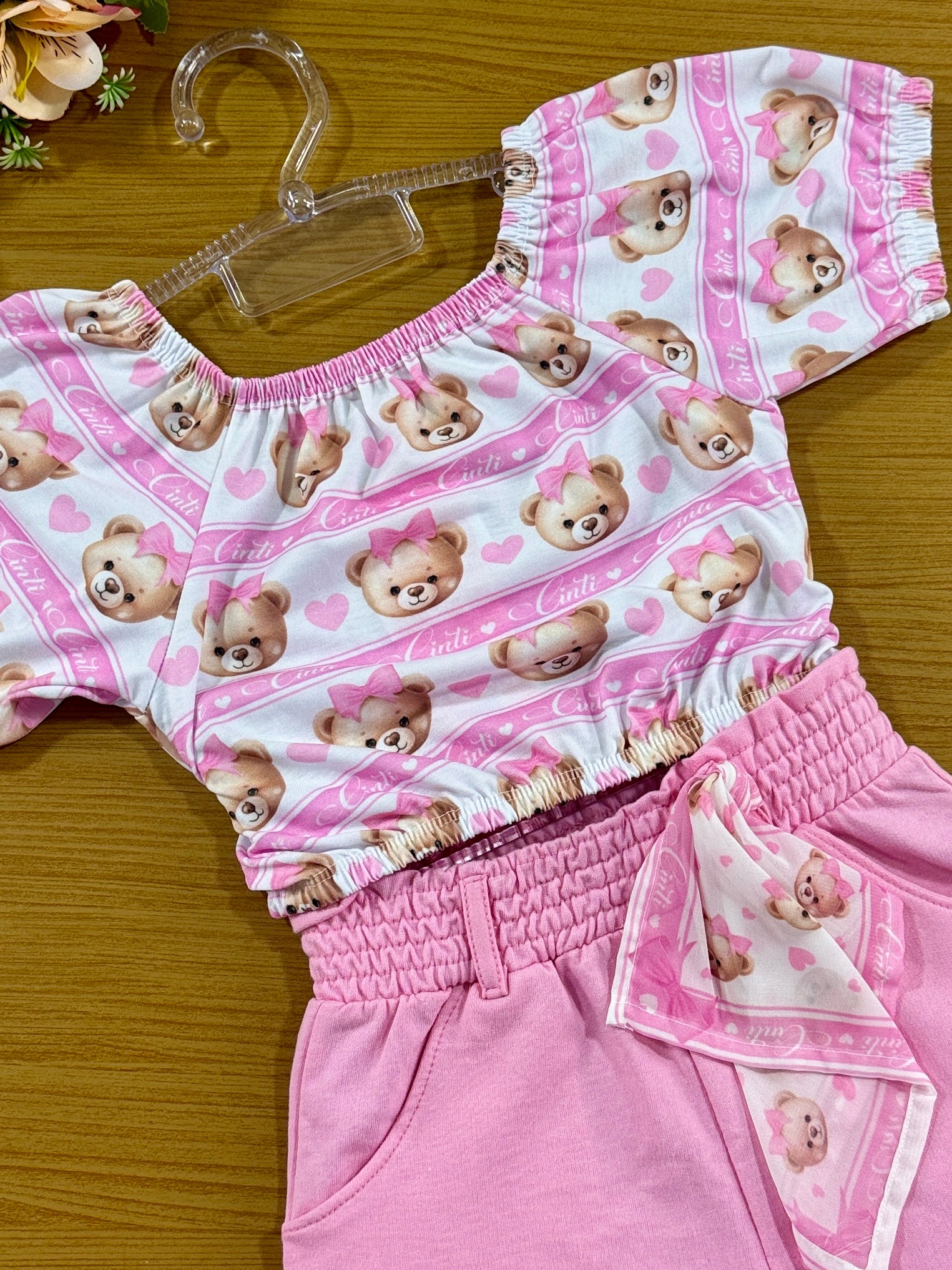 Conjunto Infantil Cinti Verão Shorts Rosa e Blusa Ursinha