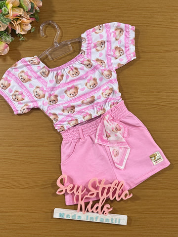 Conjunto Infantil Cinti Verão Shorts Rosa e Blusa Ursinha
