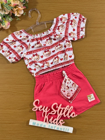 Conjunto Infantil Cinti Verão Shorts Vermelho e Blusa Ursinha