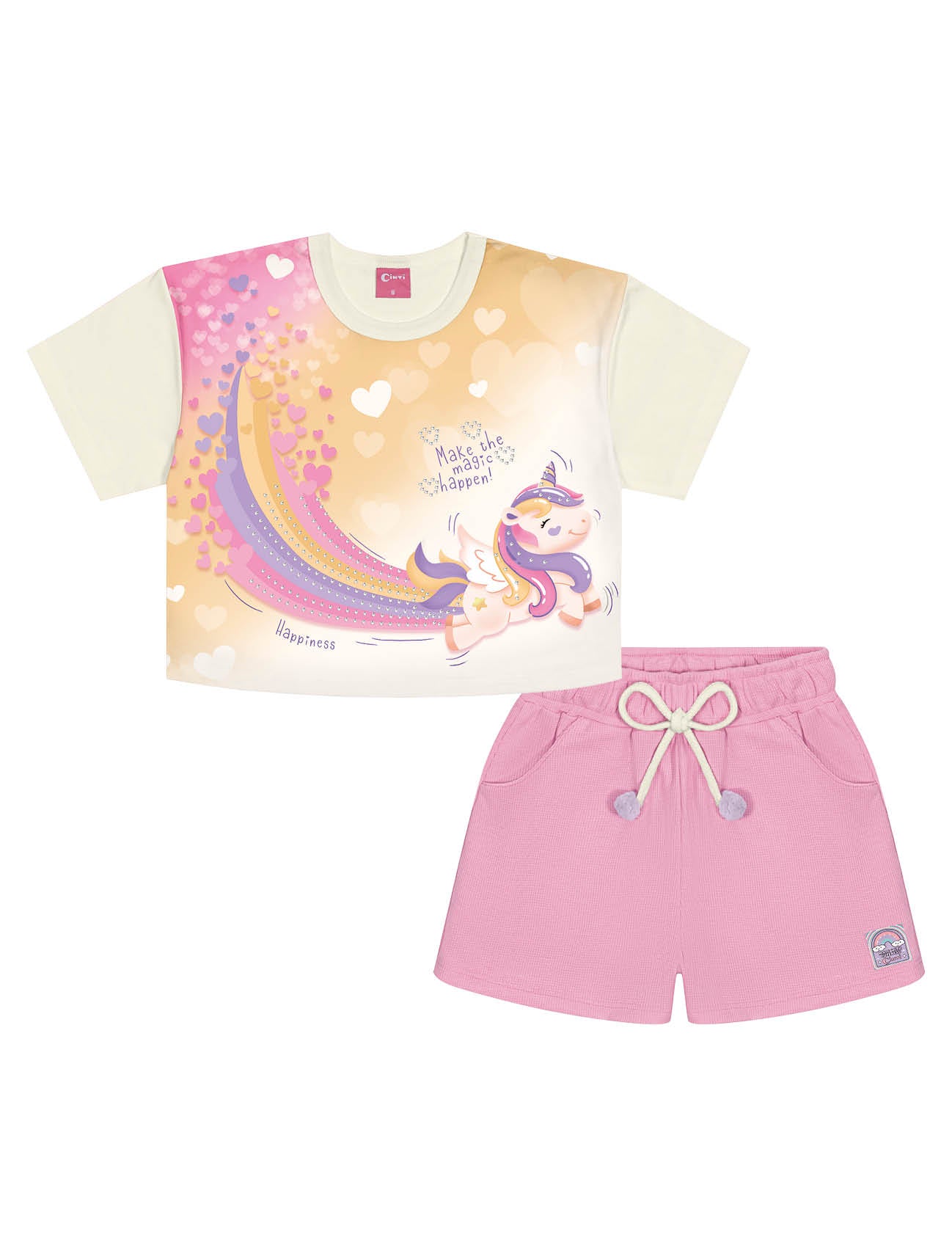 Conjunto Infantil Cinti Verão Shorts Rosa e Blusa Unicórnio