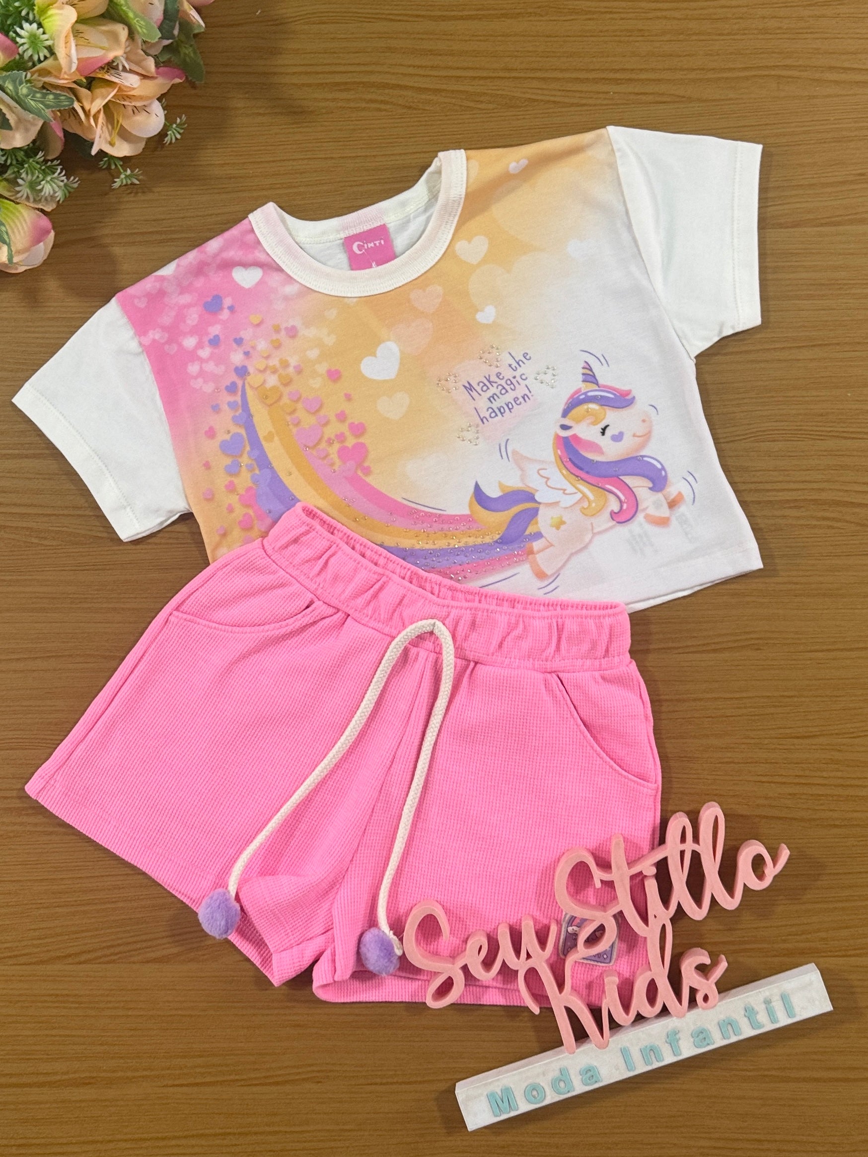 Conjunto Infantil Cinti Verão Shorts Rosa e Blusa Unicórnio