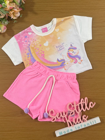 Conjunto Infantil Cinti Verão Shorts Rosa e Blusa Unicórnio
