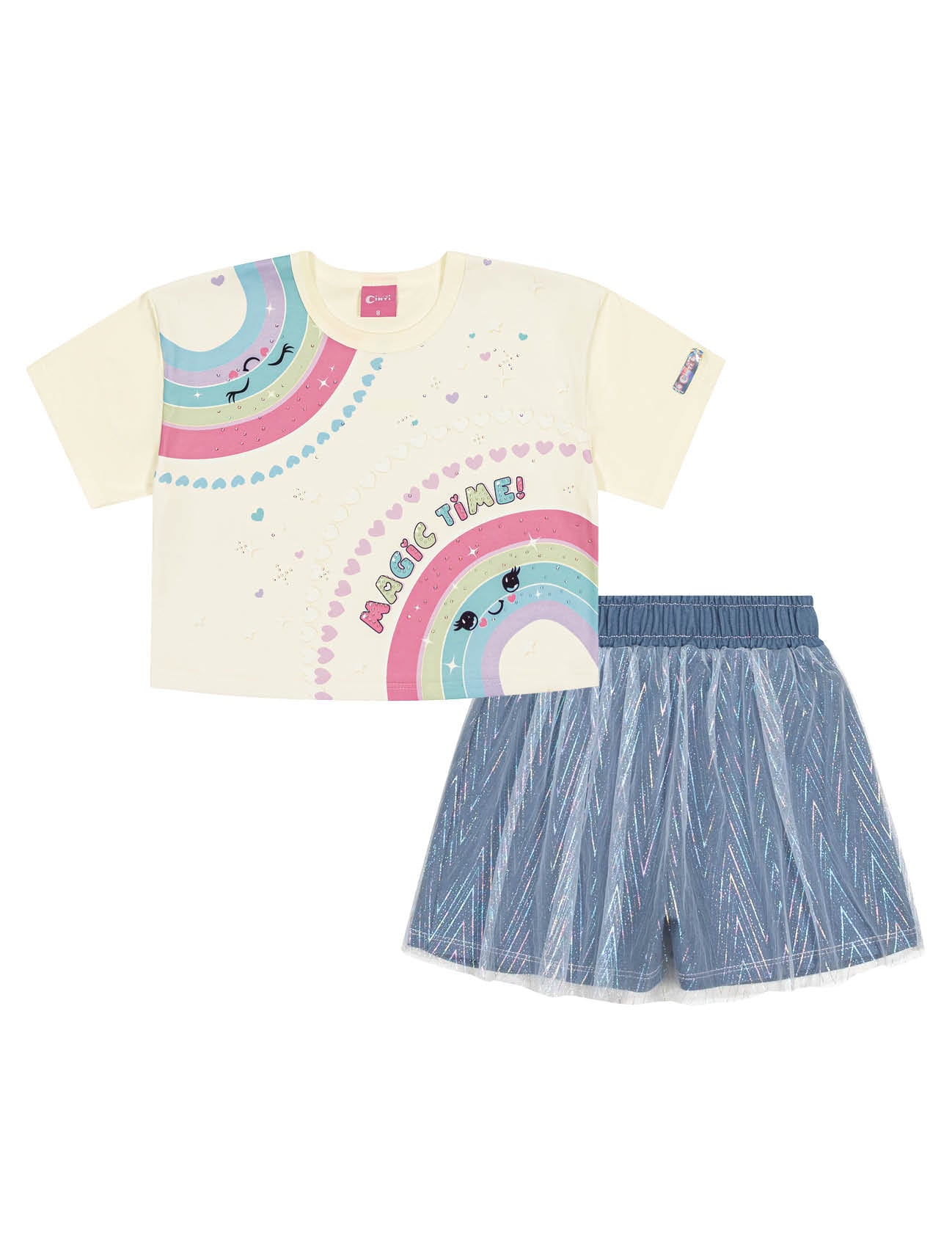 Conjunto Infantil Cinti Verão Saia Tule e Blusa Arco Íris