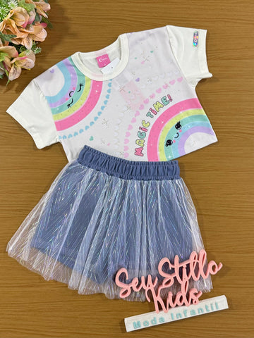 Conjunto Infantil Cinti Verão Saia Tule e Blusa Arco Íris
