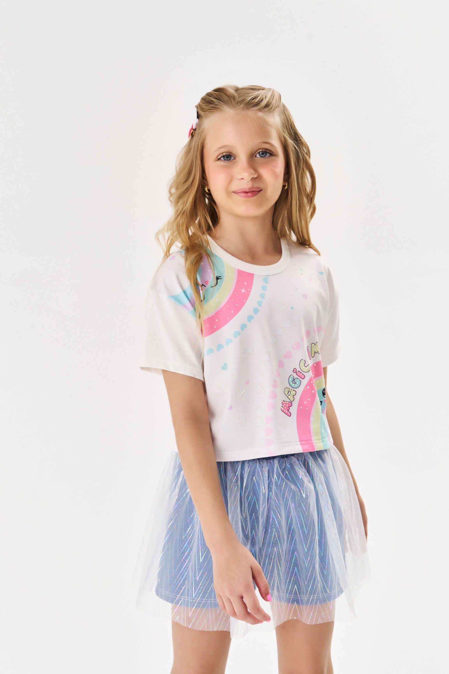 Conjunto Infantil Cinti Verão Saia Tule e Blusa Arco Íris