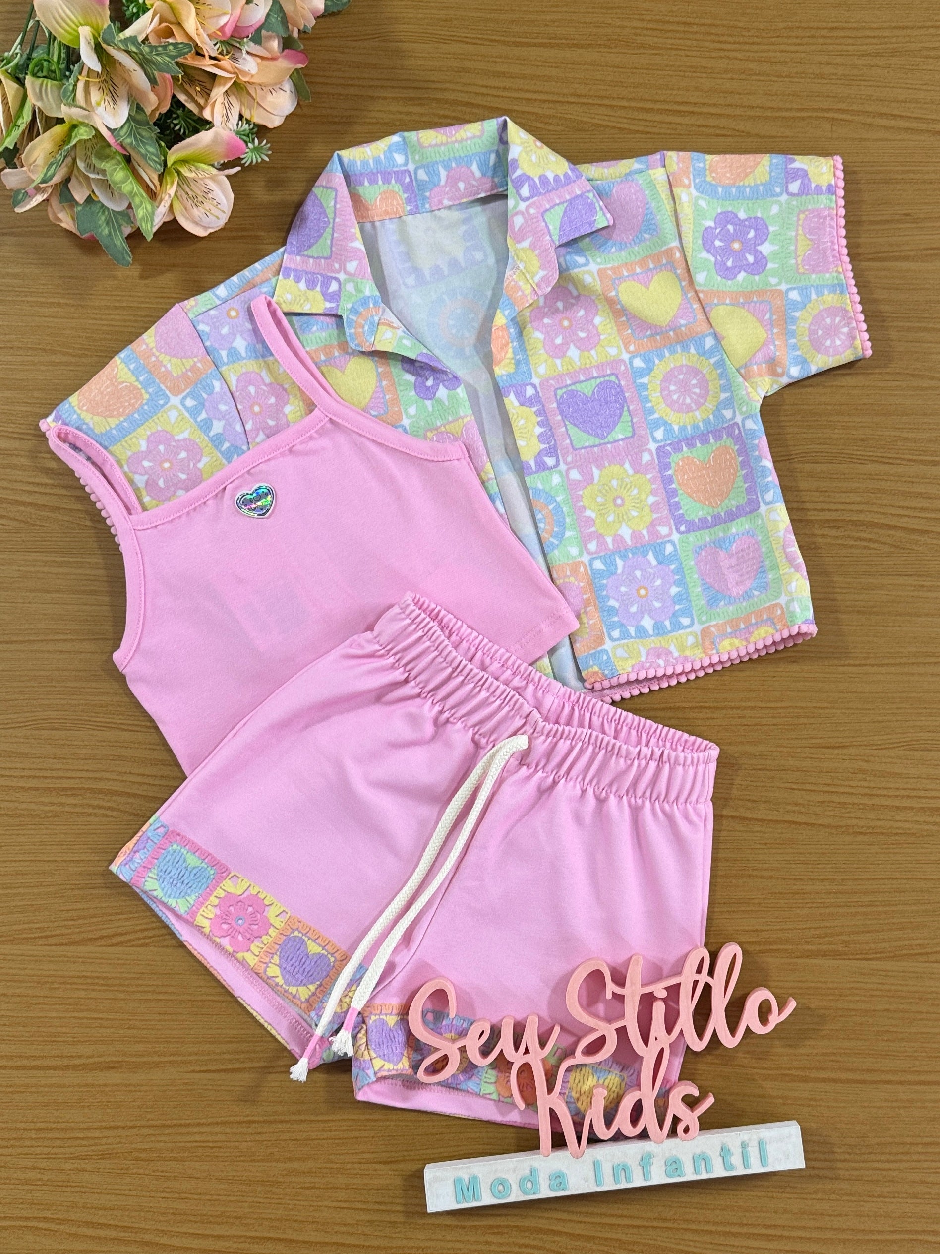 Conjunto Infantil Cinti Verão Shorts, Top e Camisa Coração