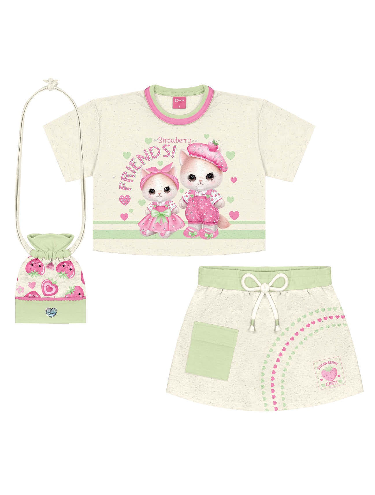 Conjunto Infantil Cinti Verão Shorts Saia e Blusa Verde Moranguinho com Bolsa