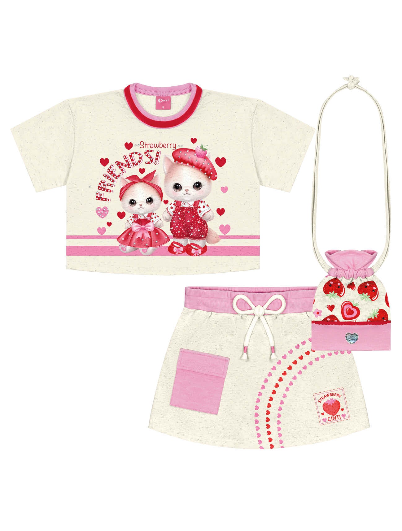 Conjunto Infantil Cinti Verão Shorts Saia e Blusa Vermelha Moranguinho com Bolsa
