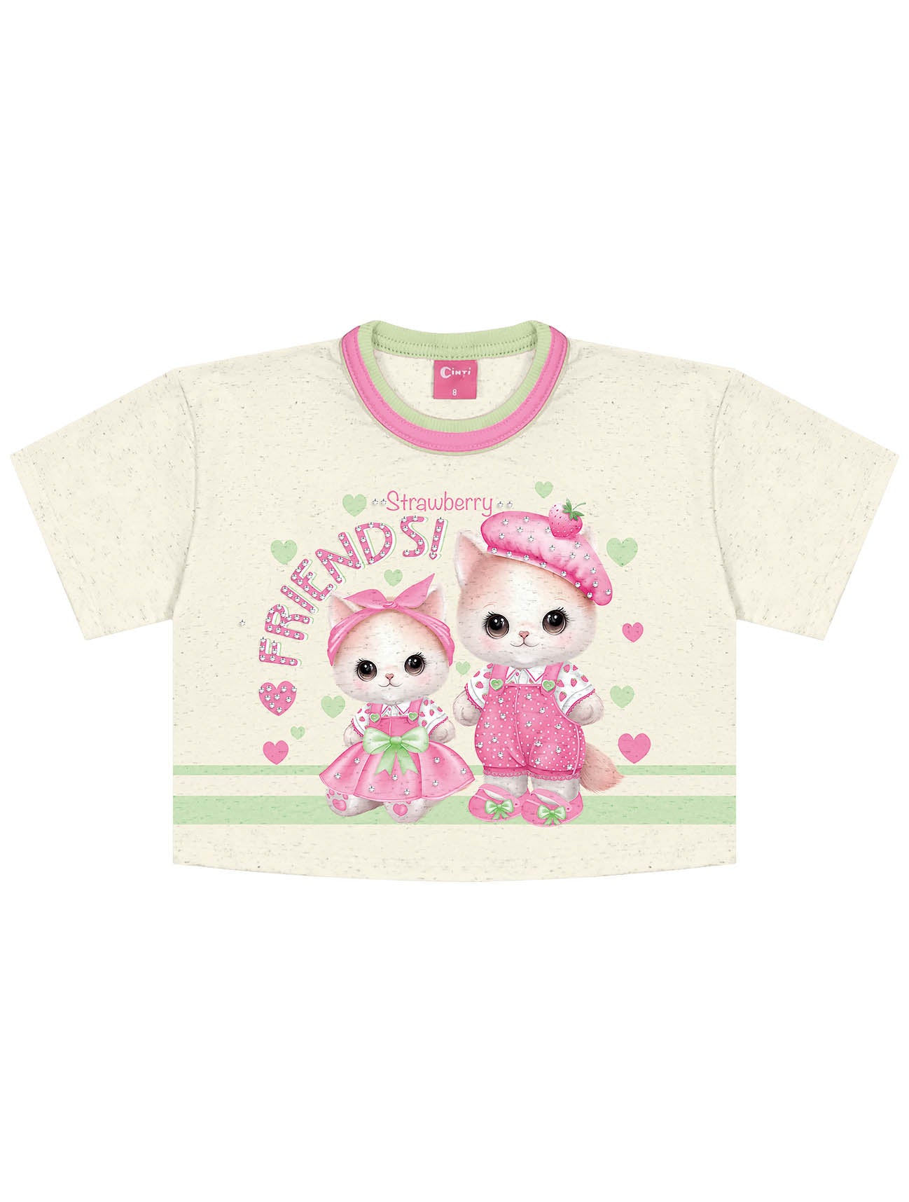 Conjunto Infantil Cinti Verão Shorts Saia e Blusa Verde Moranguinho com Bolsa
