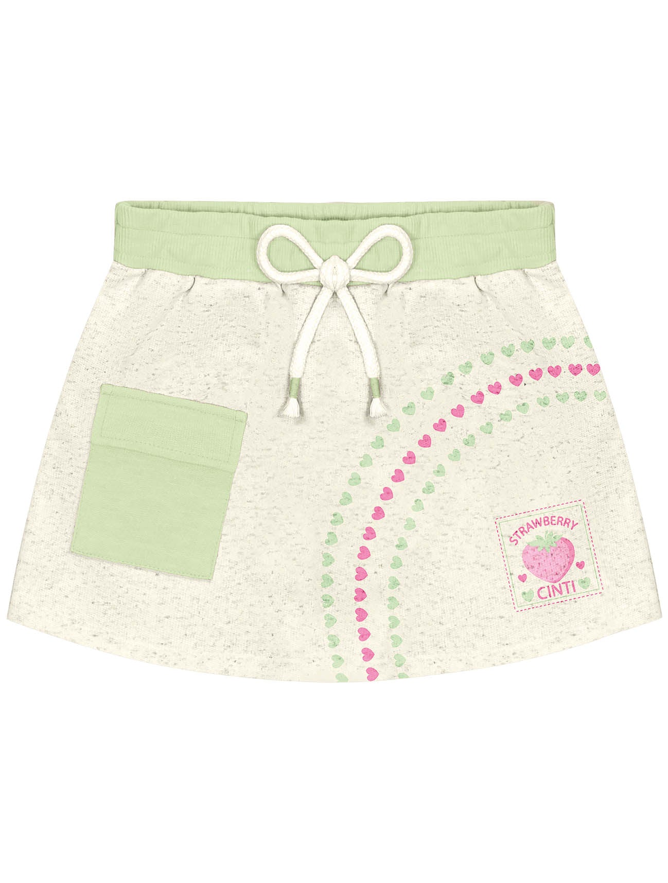 Conjunto Infantil Cinti Verão Shorts Saia e Blusa Verde Moranguinho com Bolsa